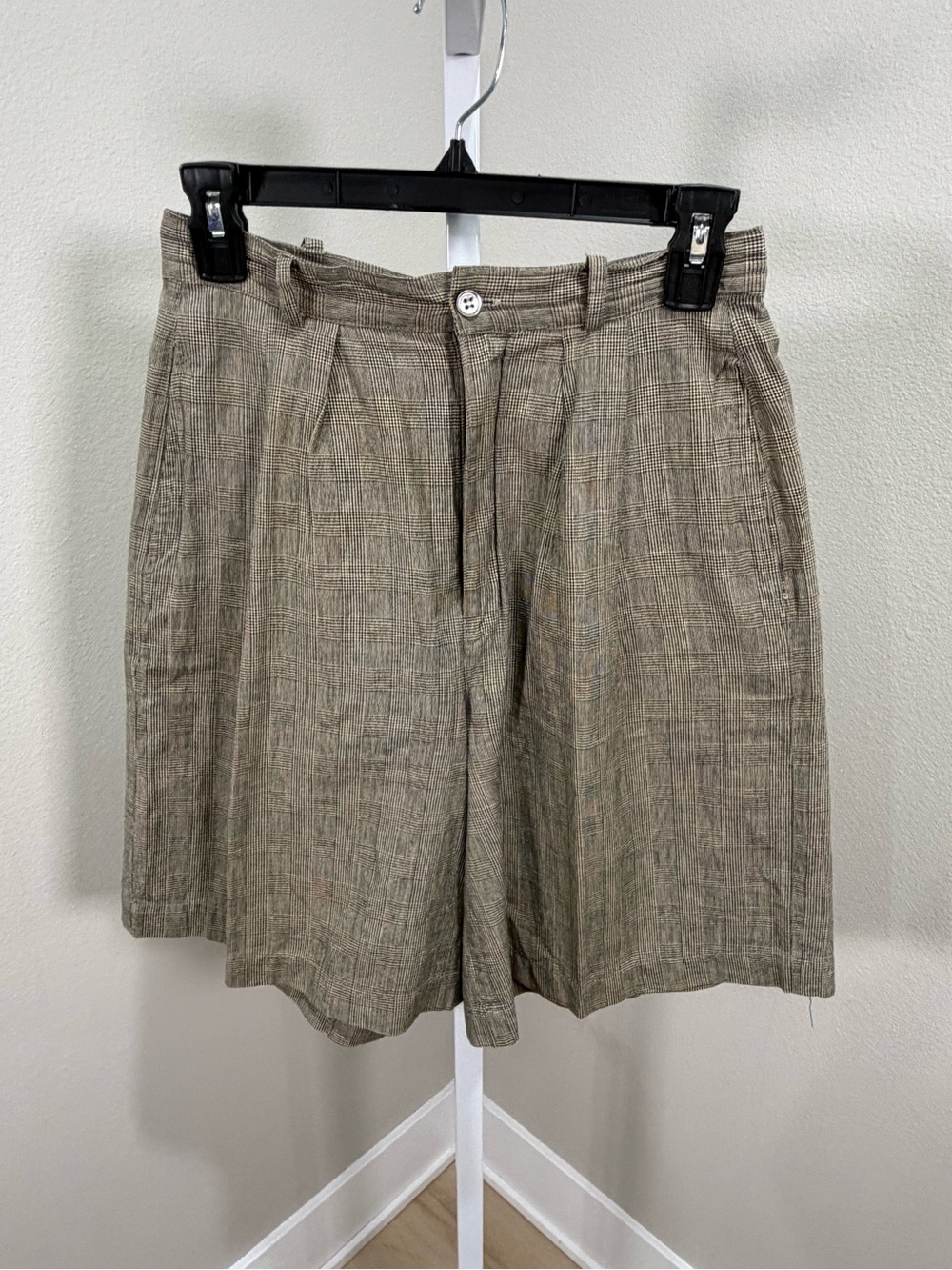 Vintage ESPRIT Plaid Pleated Bermuda Shorts Size 9/10 High Waisted Taupe Brown